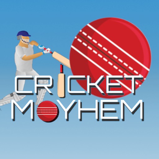 Cricket Mayhem app icon: a batter swinging at a giant red cricket ball